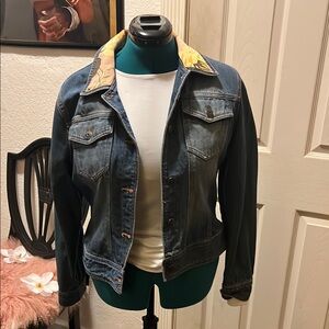Women's Denim Jacket with Floral Collar